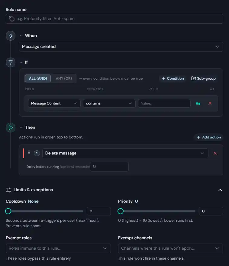 The AutoMod rule editor with a Message Created trigger, a message-content condition, and a Send Channel Message action