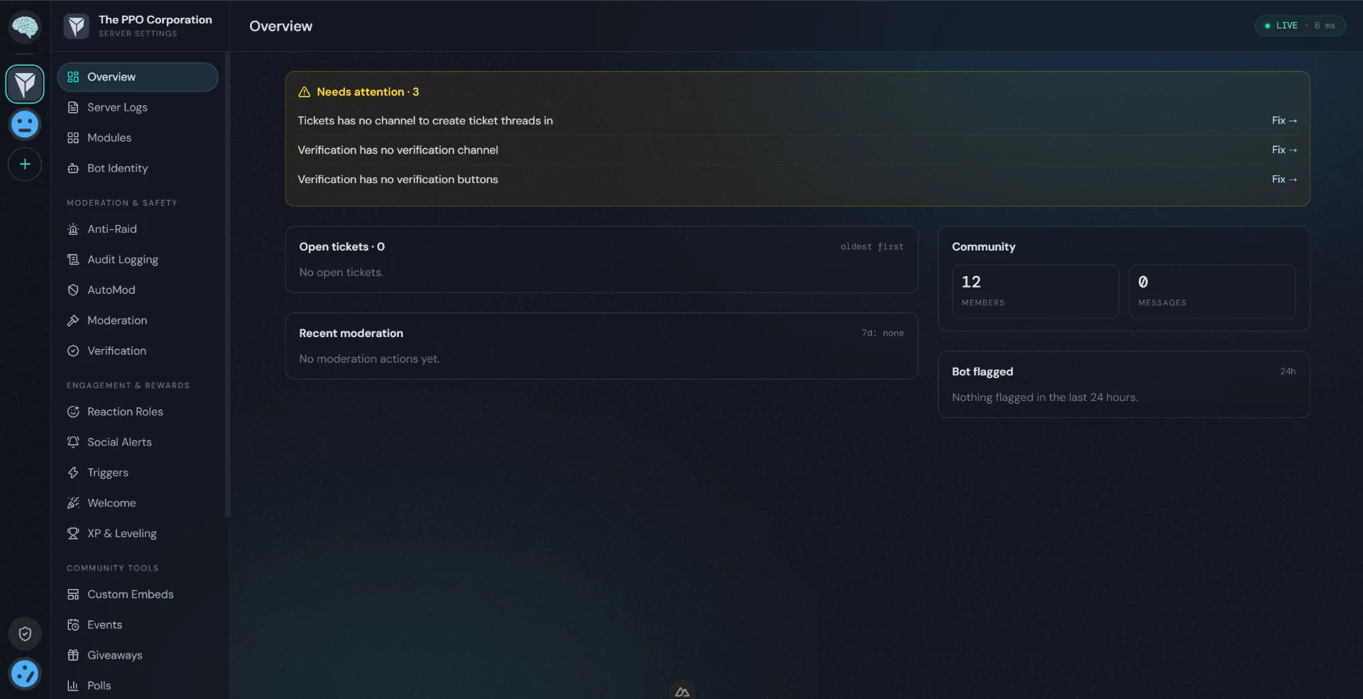 The MODUS dashboard's server Overview page: setup items that need attention, open tickets, recent moderation, a community snapshot and bot-flagged issues