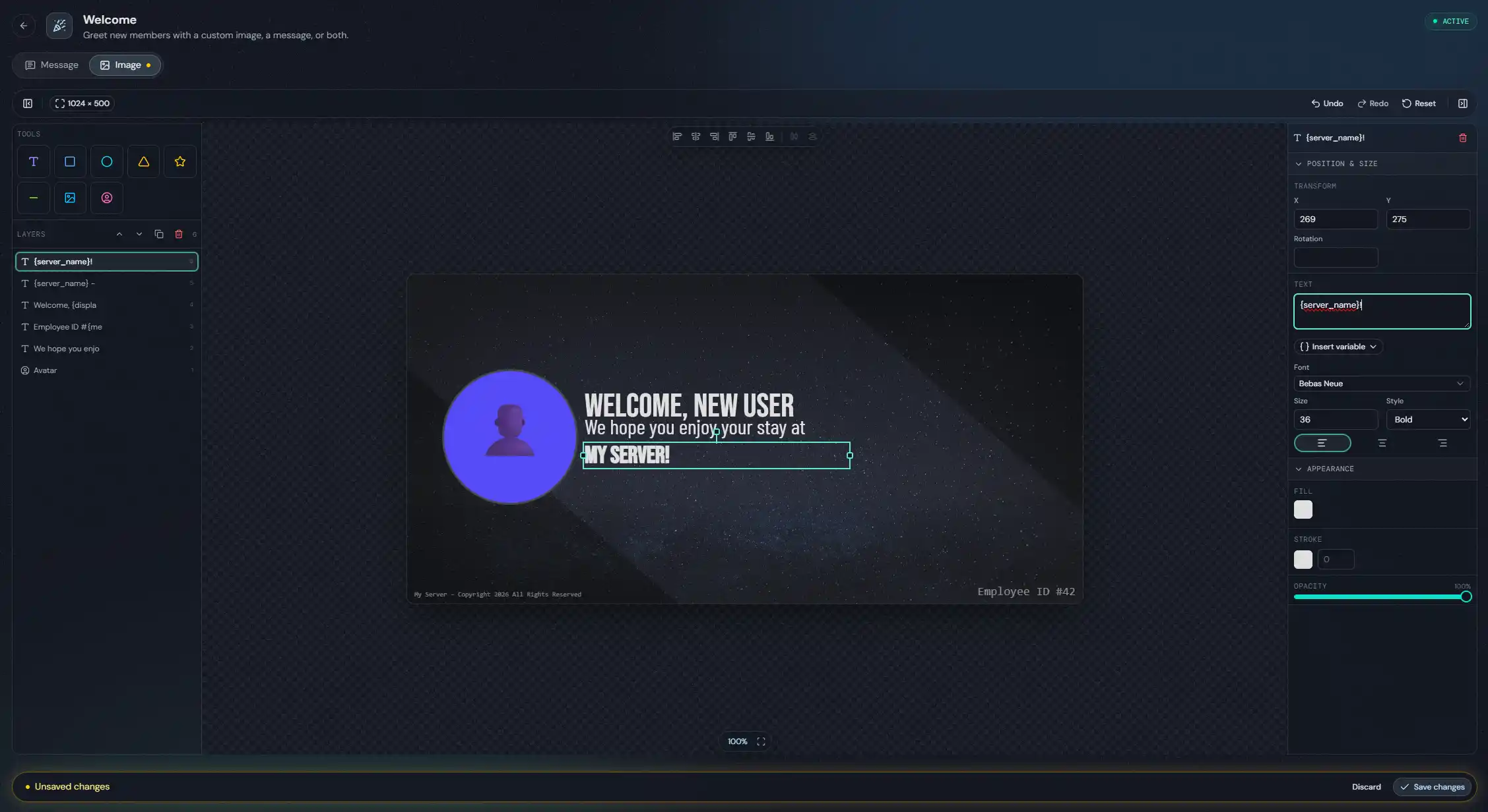 The welcome card editor: layer list and shape tools on the left, a welcome card with an avatar and greeting text on the canvas, and position and border controls on the right